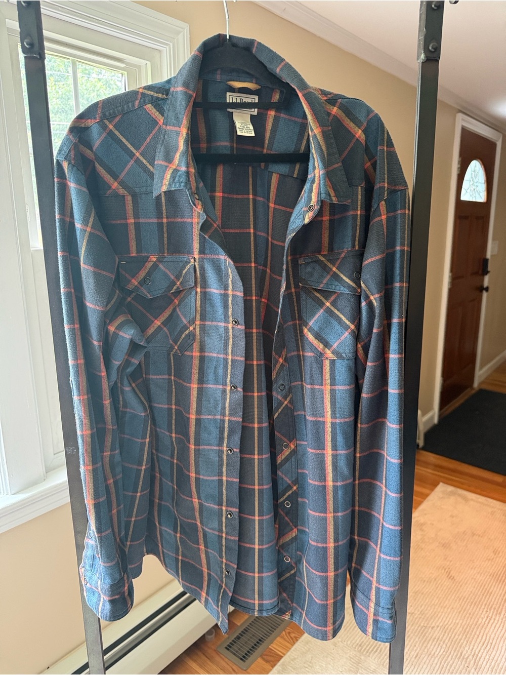 L.L. Bean Navy Plaid Shirt with Orange and Yellow Accents